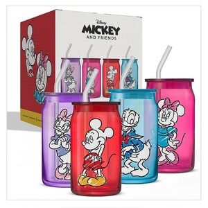 x Disney Mickey & Friends Set of 4 Sketch Glasses with Lids & Straws 4pc